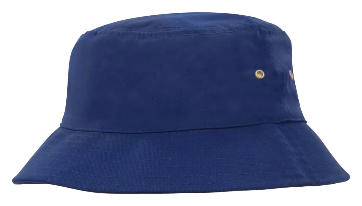 A blue brushed sports twill bucket hat with a wide brim and a logo.