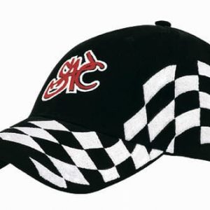 A black cap featuring a checkered pattern in white and a logo on the front.