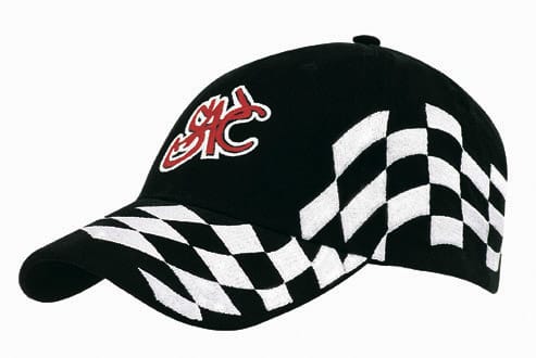 A black cap featuring a checkered pattern in white and a logo on the front.