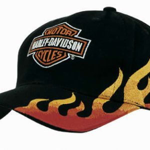 A black cap featuring flame embroidery in orange and yellow, with a logo on the front.