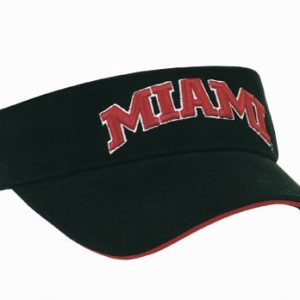 A black cotton visor with a red embroidered 'MIAMI' text and a red trim along the brim.