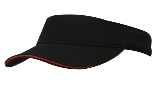 A black visor with a red trim, featuring a wide brim and a comfortable band, and includes a logo.