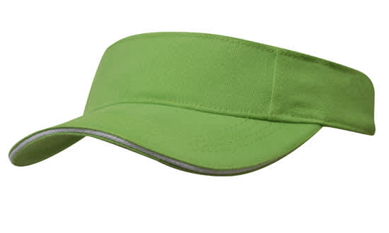 A green brushed heavy cotton visor with a wide brim and contrasting trim. It features a branding logo on the side.