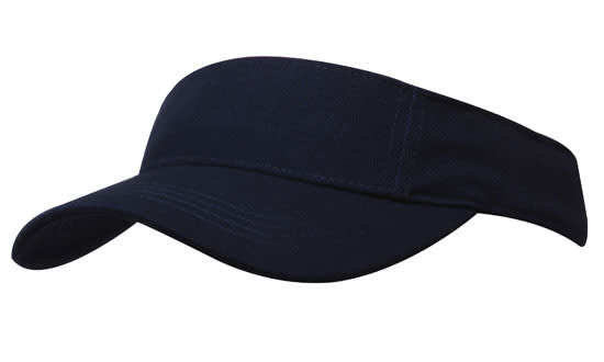A navy blue heavy cotton visor with a wide brim and a fitted design. It features a logo on the front.