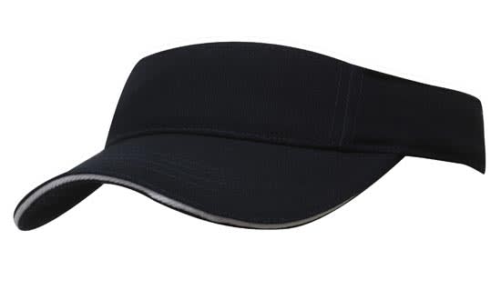 A black brushed heavy cotton visor with a contrasting trim along the brim. Features a simple logo on the design.
