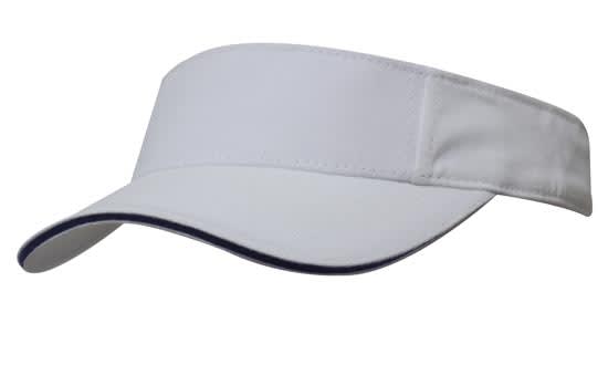 A white brushed heavy cotton visor with a contrasting dark edge and a logo on the front.