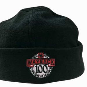 A black micro fleece beanie with a logo featuring the text "Wayback 100" on the front.