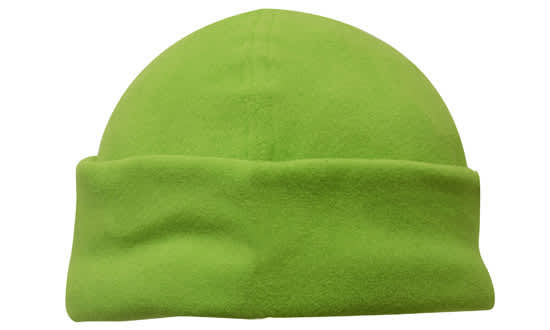 A bright green micro fleece beanie with a rolled cuff and smooth texture. Features a logo on the side.