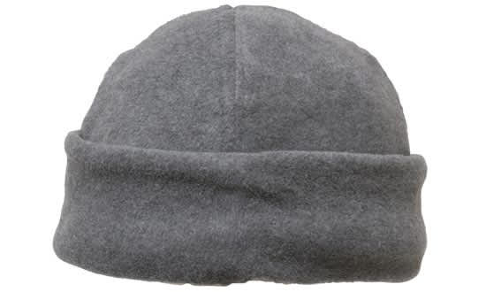 A grey micro fleece beanie with a rolled cuff, featuring a logo on the side.