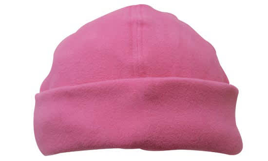A pink micro fleece beanie with a turned-up brim, featuring a branding logo.