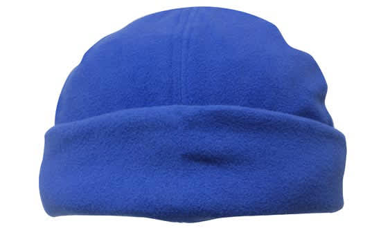 A blue micro fleece beanie with a rolled cuff and a soft texture, featuring a logo.