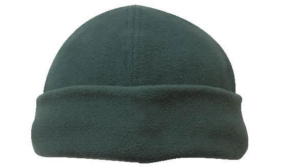A green micro fleece beanie with a folded brim and a smooth texture, featuring a logo on the side.