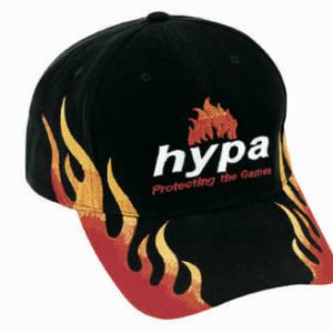 A black cap with double flame designs in red and yellow, featuring a logo on the front.