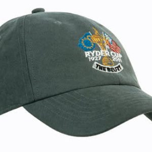 A green water-resistant cap featuring a logo and embroidery related to the Ryder Cup.