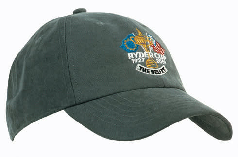 A green water-resistant cap featuring a logo and embroidery related to the Ryder Cup.