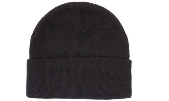 A black acrylic beanie with a fold-up cuff and Thinsulate lining, featuring a logo.