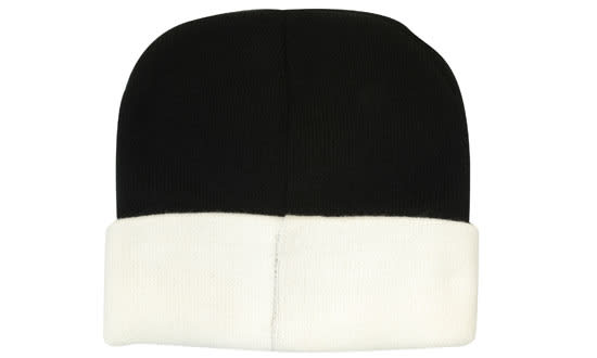 A black beanie with a white folded brim. The product has a logo on it.