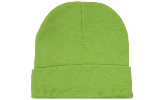 A bright green acrylic beanie with a folded cuff, featuring a branding logo.