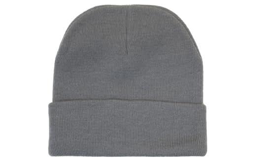 A grey acrylic beanie with a folded cuff, featuring a logo on the side.