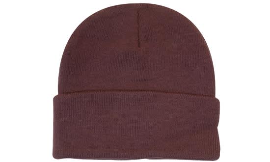 A brown acrylic beanie with a rolled brim. The beanie has a smooth texture and minimalistic design.