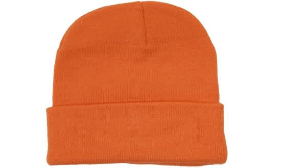 An orange acrylic beanie with a folded cuff, featuring a simple design and a logo.