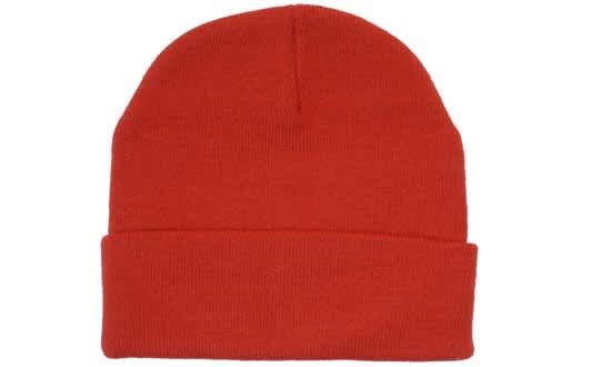 A red acrylic beanie with a folded brim, featuring a logo on the side.