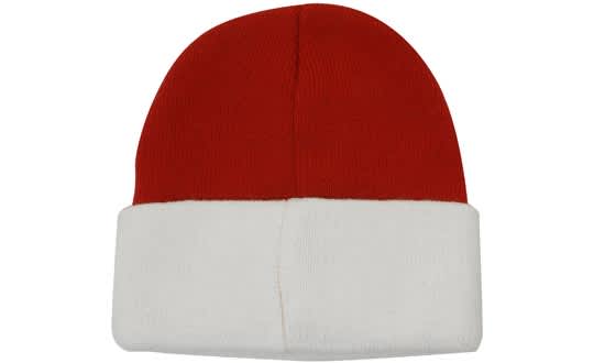A red beanie with a white folded cuff, featuring a logo on the side.