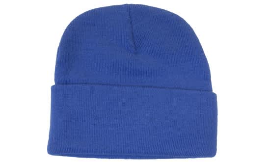 A blue acrylic beanie with a rolled cuff and a smooth texture, featuring a logo.