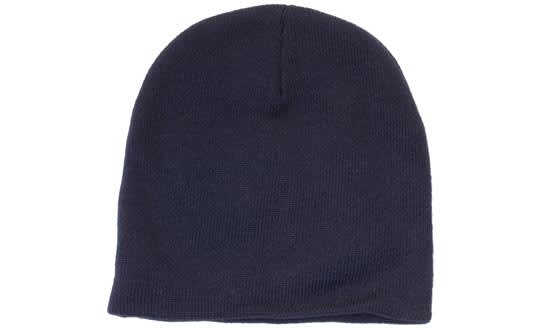 A rolled down acrylic beanie in a dark navy colour, featuring a simple, unadorned design.