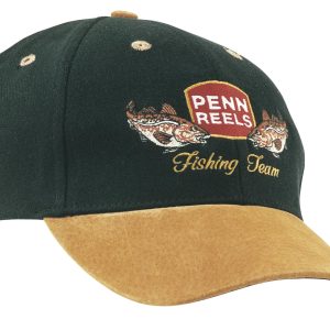 A green brushed cotton cap with a suede peak, featuring embroidery and a logo on the front.