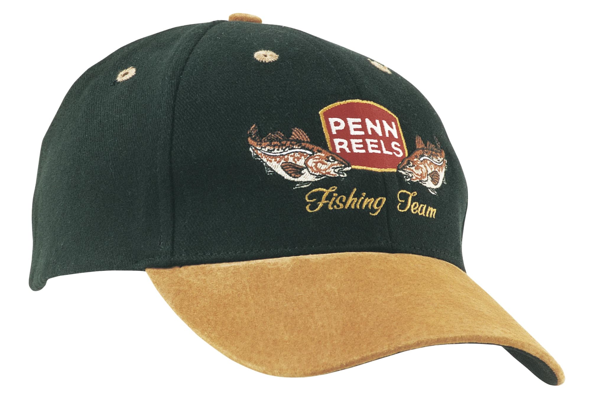 A green brushed cotton cap with a suede peak, featuring embroidery and a logo on the front.