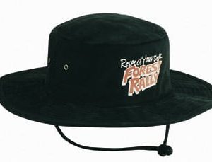 A black brushed heavy cotton hat with a wide brim and a chin strap, featuring a logo on the front.