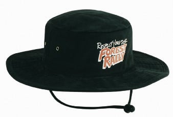 A black brushed heavy cotton hat with a wide brim and a chin strap, featuring a logo on the front.