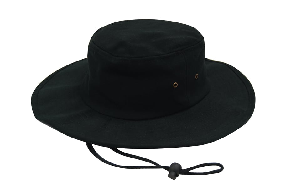 A black heavy cotton hat with a wide brim and adjustable drawstring, featuring ventilation eyelets.