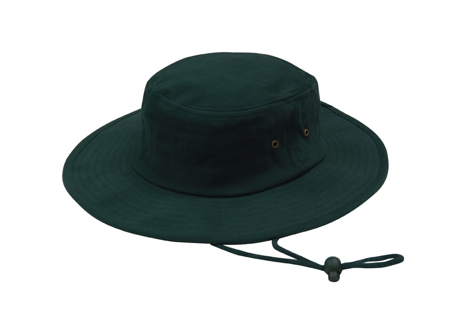 A dark green brushed heavy cotton hat with a wide brim and adjustable chin strap. Features a small logo.