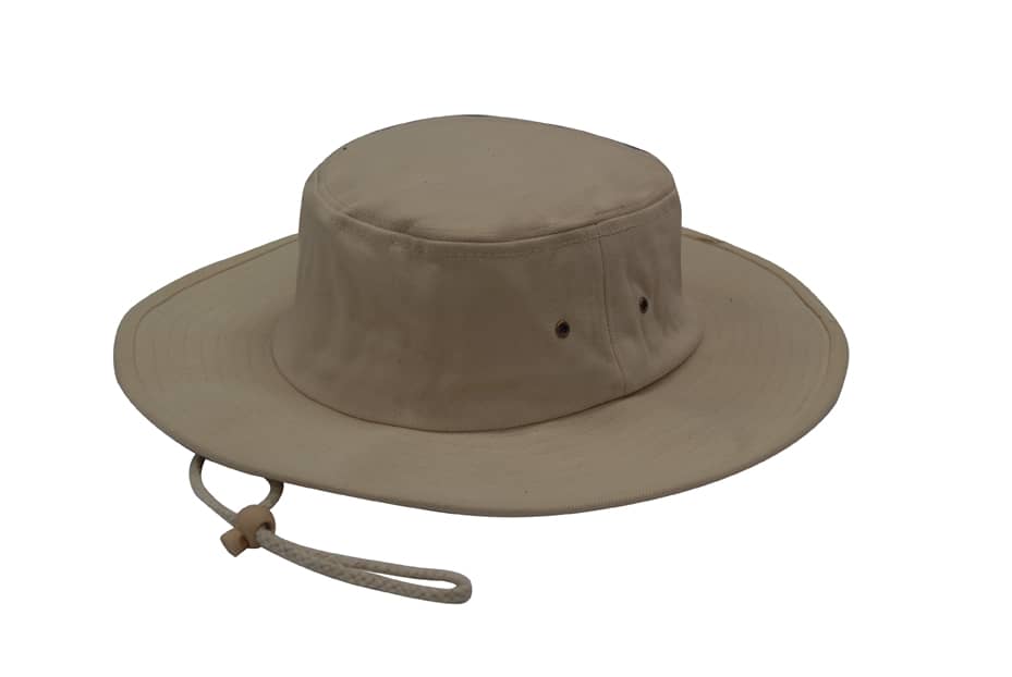 A beige brushed heavy cotton hat with ventilation holes and a chin strap. It has a round crown and wide brim.