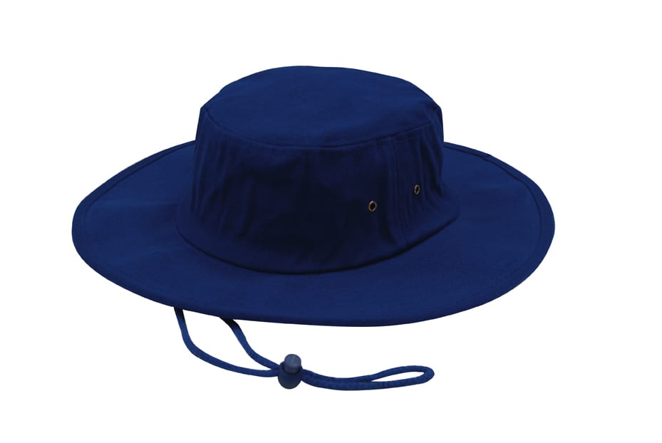 A navy blue brushed heavy cotton hat with a wide brim and adjustable chin strap. It features ventilation eyelets.