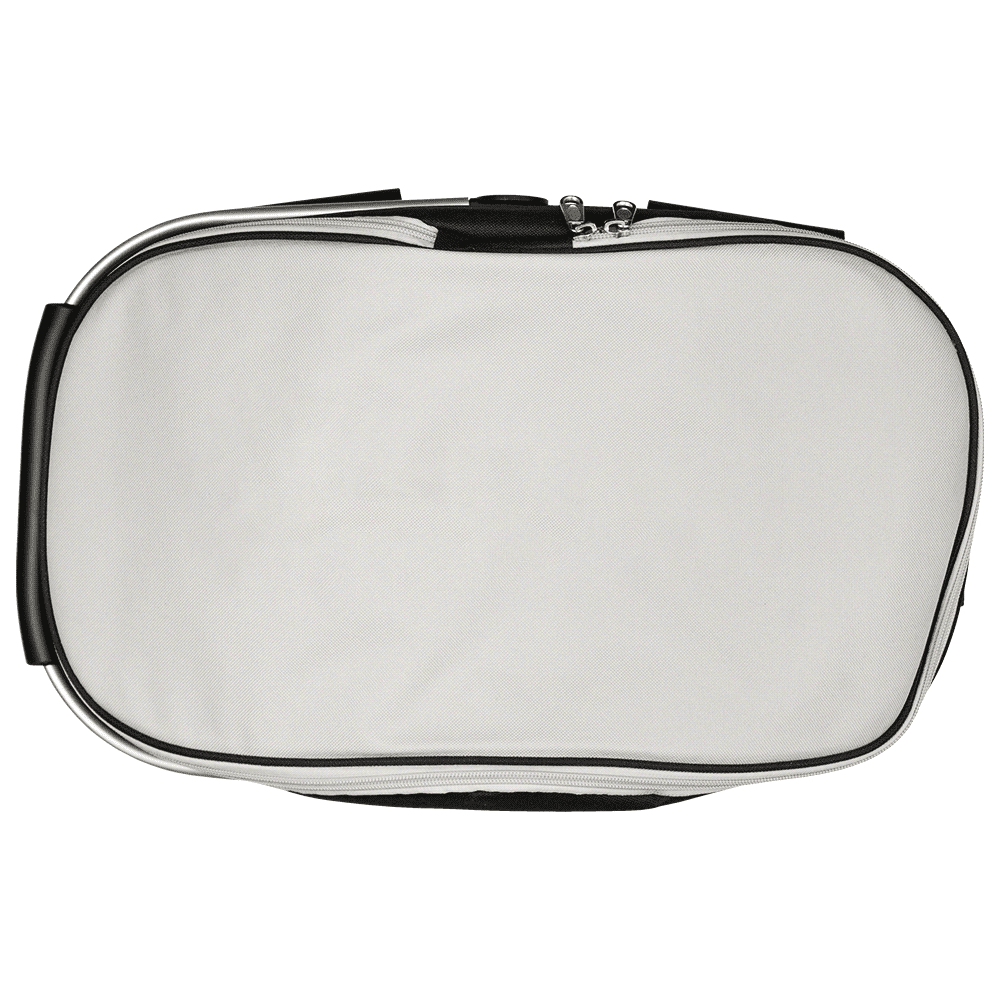 A white cooler bag with a black zipper and handle, featuring a logo.