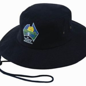A navy blue wide-brimmed hat with a logo on the front and a chin strap.