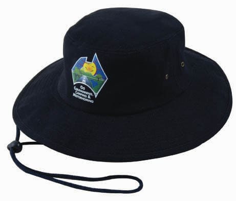 A navy blue wide-brimmed hat with a logo on the front and a chin strap.