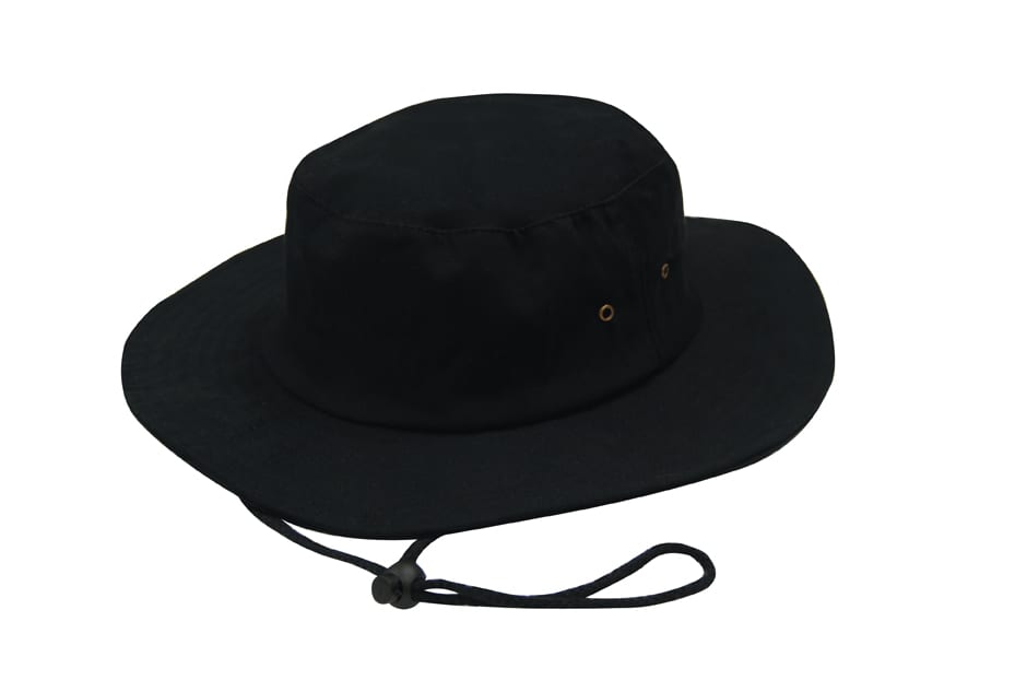 A black brushed heavy sports twill hat with a chin strap and eyelets for ventilation.