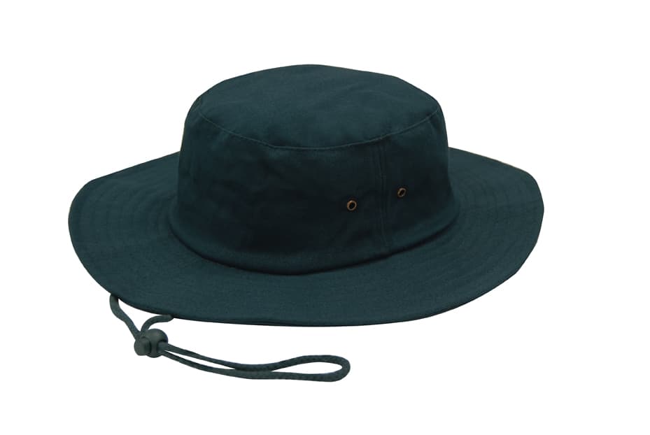 A dark green brushed heavy sports twill hat with a wide brim and adjustable chin strap.