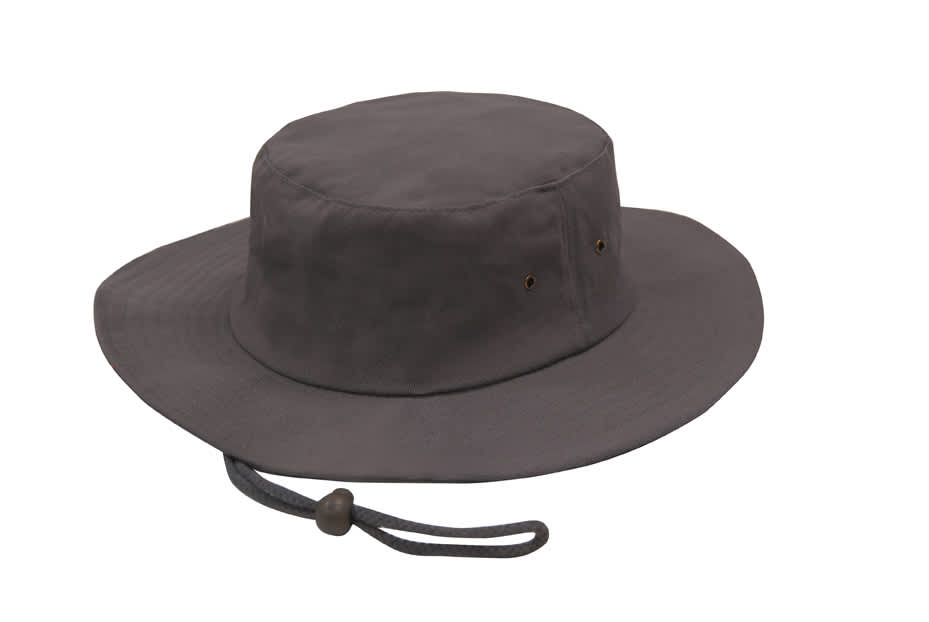 A grey brushed heavy sports twill hat with a wide brim and an adjustable chin strap, featuring ventilation eyelets.