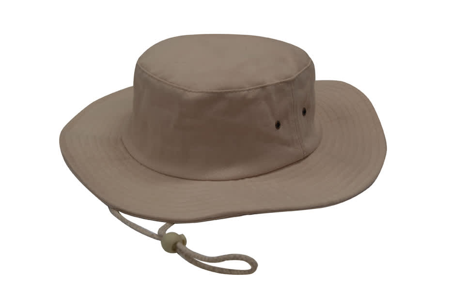 A beige brushed heavy sports twill hat with a wide brim and adjustable chin strap. Features ventilation holes.
