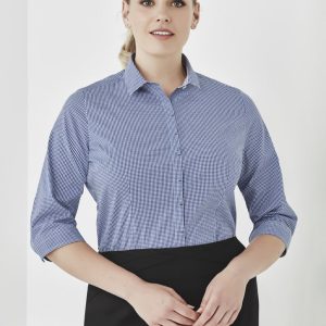 A blue and white checked 3/4 sleeve button-up shirt with a collar, featuring a logo on the fabric.