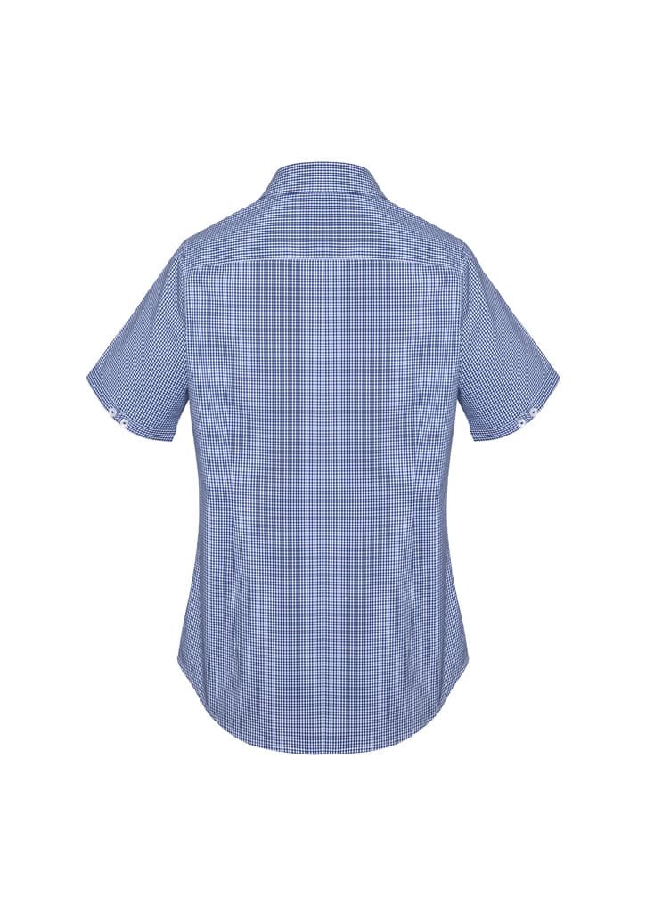 A short sleeve button-up shirt in a blue and white check pattern, featuring a logo on the back.