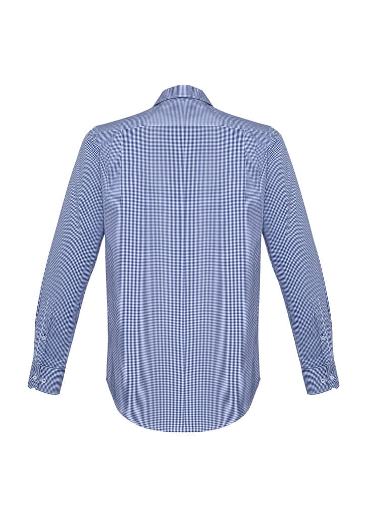 A men's long sleeve button-up shirt in blue and white checkered pattern, featuring a logo on the back.