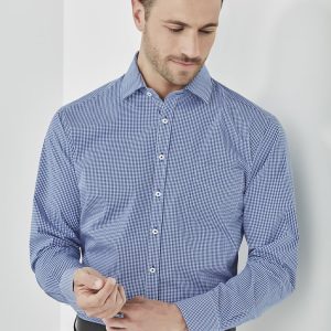 A blue and white checkered long sleeve button-up shirt with a fitted style and a logo on the chest.