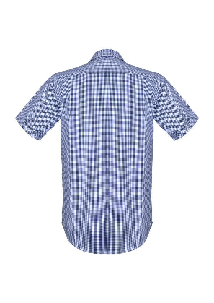 A short sleeve button-up shirt with a checkered pattern in blue and white, featuring a branded logo on the back.