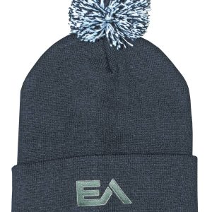 Acrylic beanie in dark grey with a fluffy pom pom on top and a logo at the front.